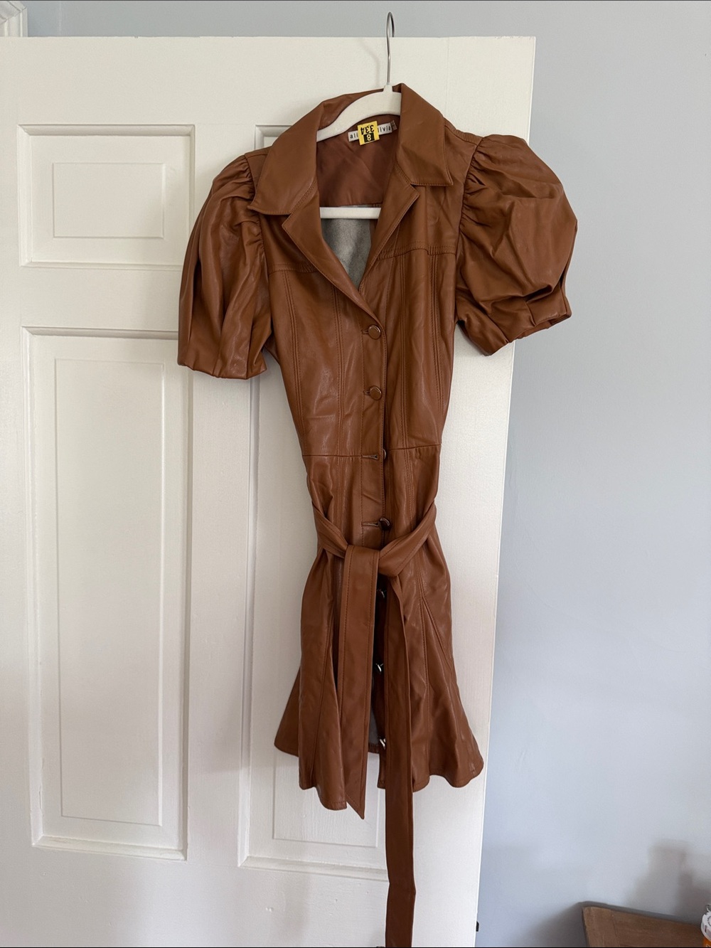 Alice + Olivia Cognac Puff-Sleeve Faux Leather Jacket Dress